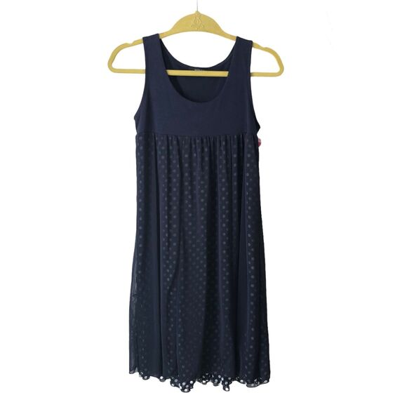 Mouth Valley Navy Blue Polka Dot Mesh Overlay Dress Empire Waist Size US Small - Picture 2 of 6
